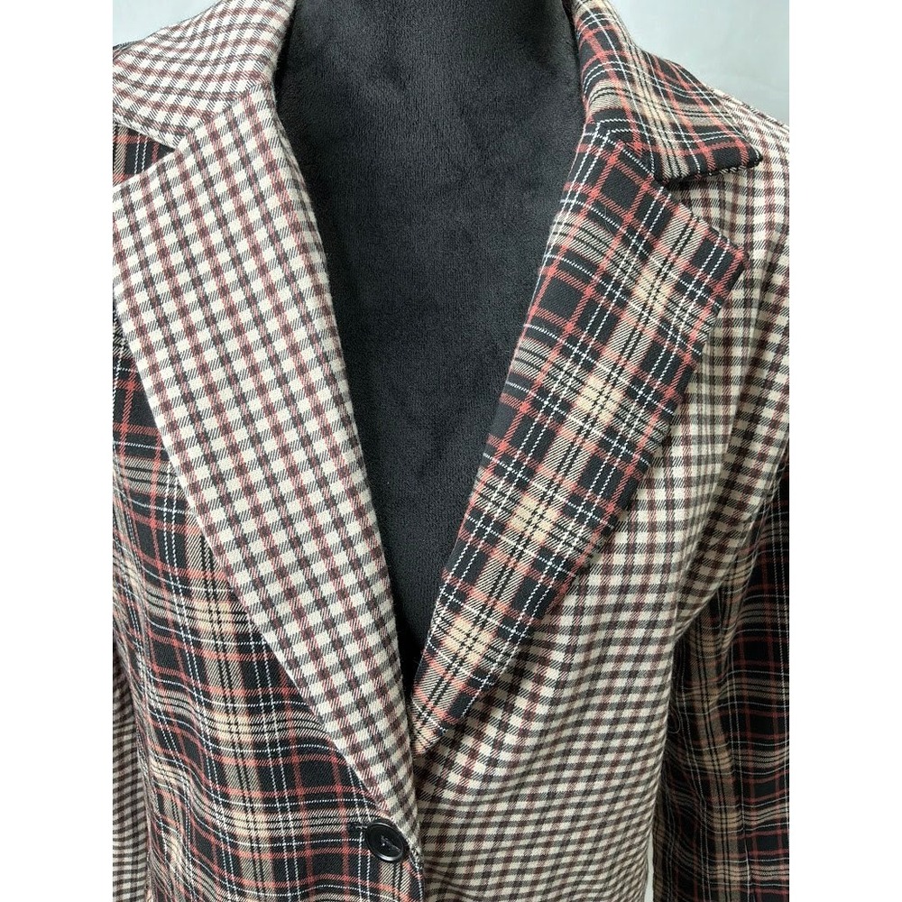 GB Gianni Bini Mixed Plaid Blazer Jacket Two Button Colorblock Tan Red Black M